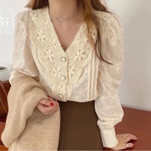 Lace blouse embroidery floral long sleeve cream apricot